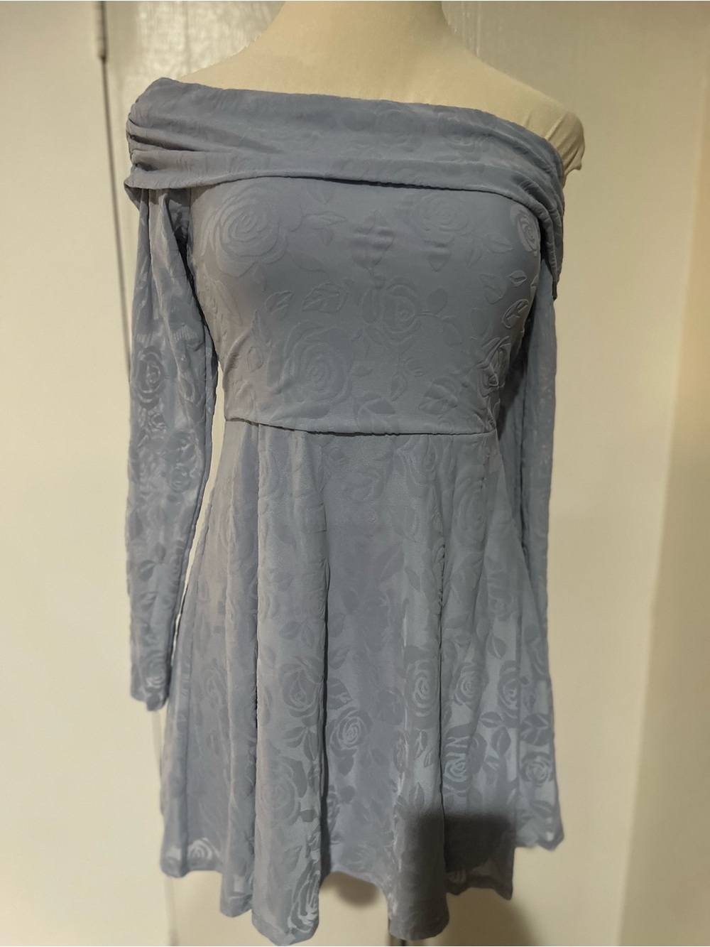 wild fable One-Shoulder Long Sleeve Floral Jacquard Dress in Dusty Blue